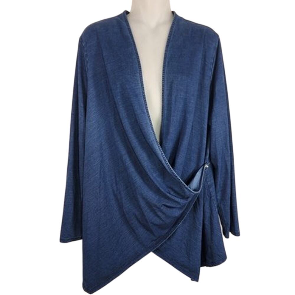 J Jill Pure Jill Indigo Draped Wrap Cardigan Ocean Wash Blue L Petite Lyocell